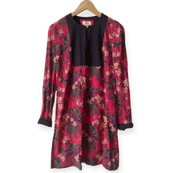 Anthropologie Maeve Dress Pink Floral Bird Print Long Sleeve Shift tunic size 2 - Picture 1 of 6